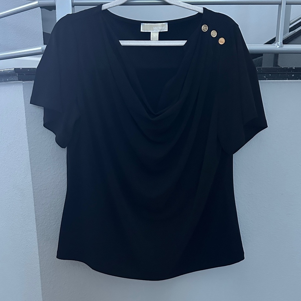 Michael Kors Black Drape Neck Top with Gold Button Accents